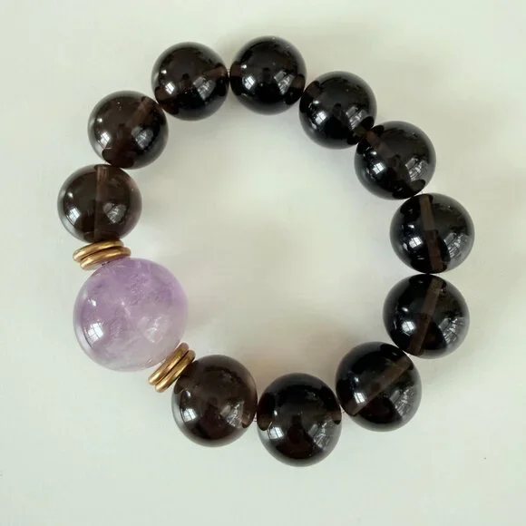 Large Unisex Smoky Quartz & Amethyst Statement Bracelet - 21mm - Picture 6 of 7